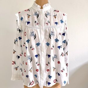 NWT Anthro Tryb Floral Cotton Silk Prairie Embroidered Button up Shirt Blouse